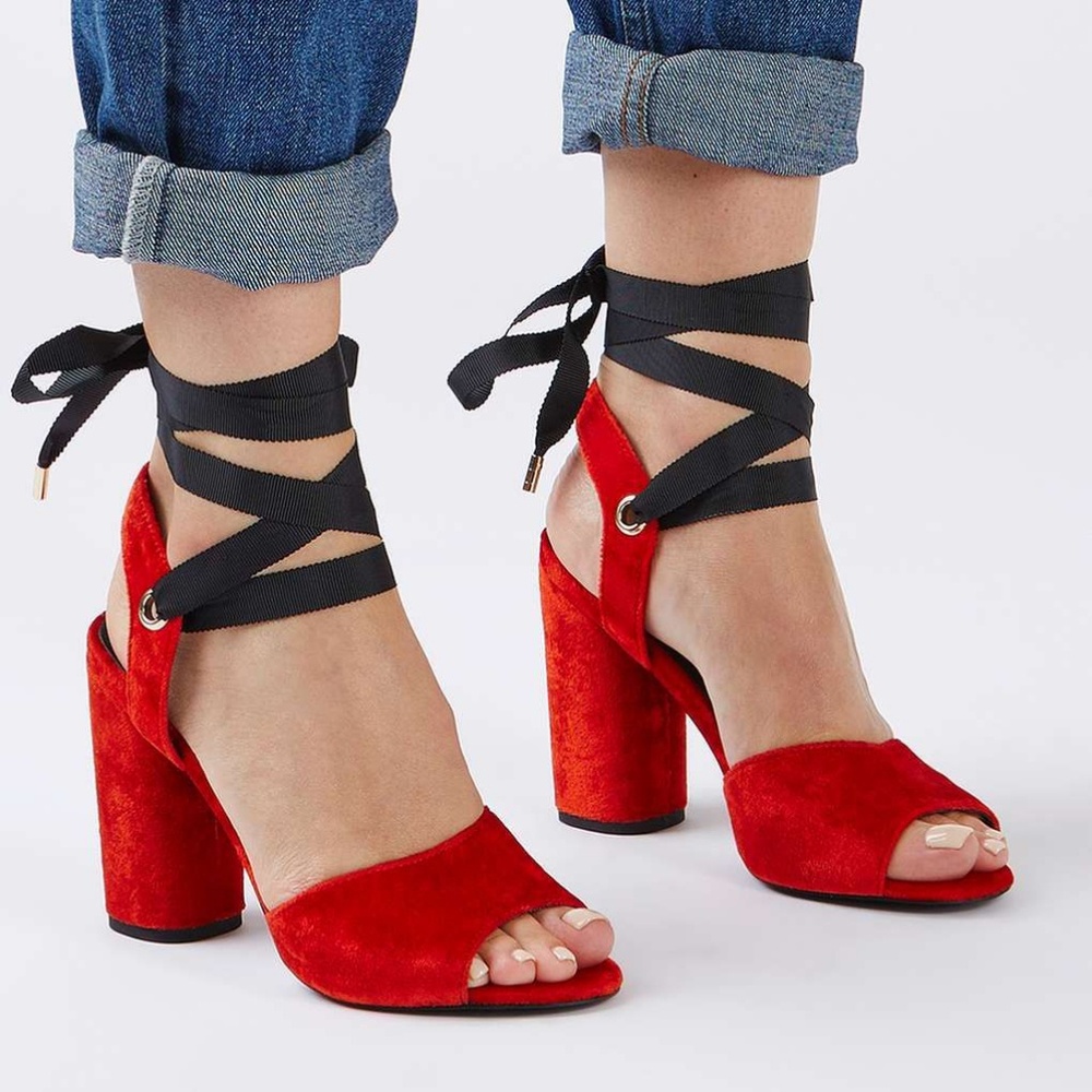 NEW TOPSHOP RED VELVET ROYAL ANKLE WRAP BLOCK HEEL